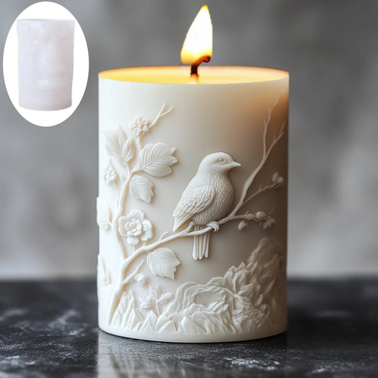 3D Branch bird relief cylindrical candle silicone mold flower bird relief cylindrical resin gypsum mould Rabbit squirrel molds