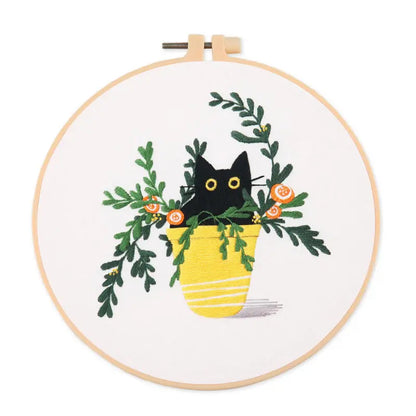 DIY Embroidery Kit Cat Plant Printed Pattern for Beginner Cross Stitch Set Needlework Hoop Handmade Sewing Art Craft Kit