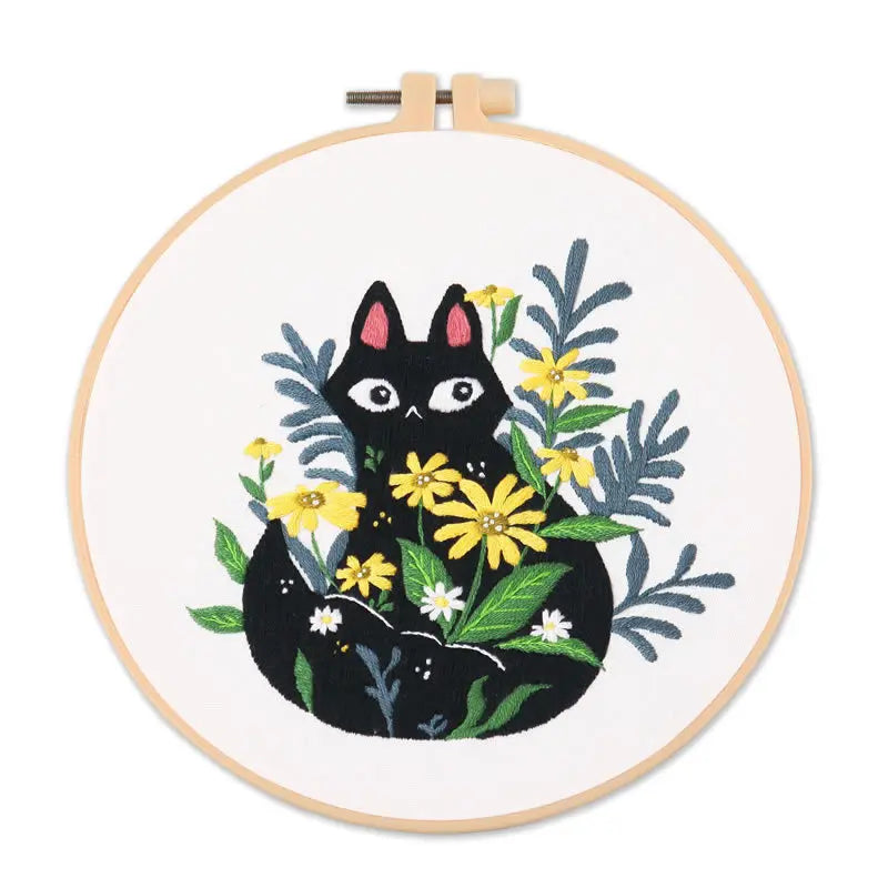 DIY Embroidery Kit Cat Plant Printed Pattern for Beginner Cross Stitch Set Needlework Hoop Handmade Sewing Art Craft Kit