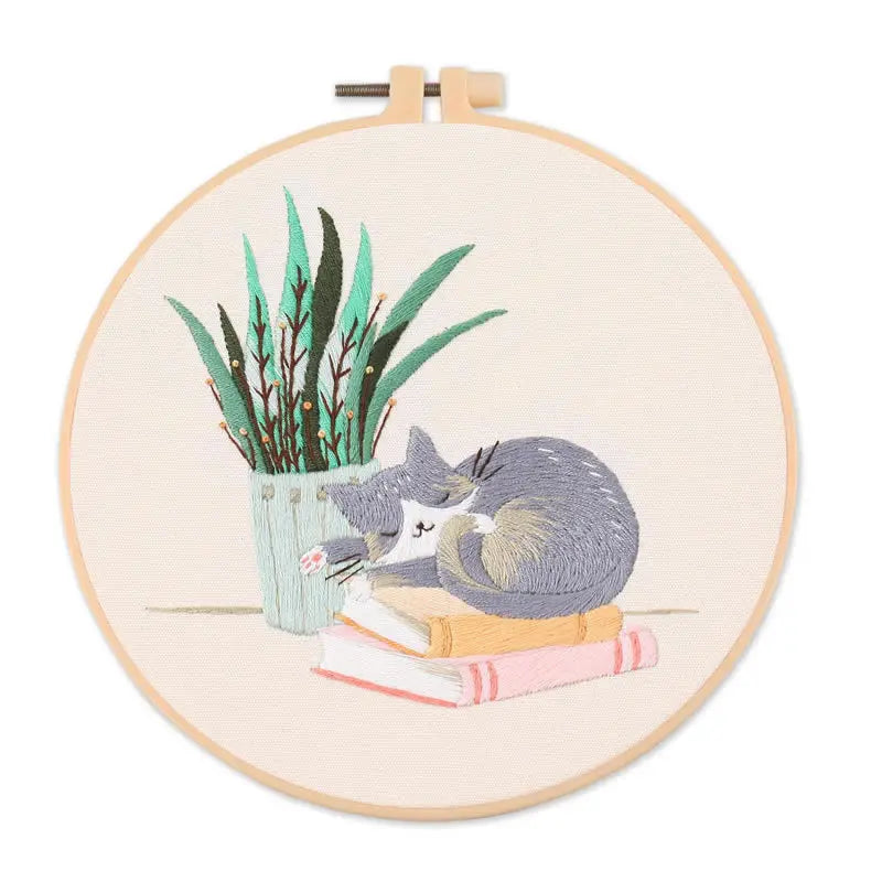 DIY Embroidery Kit Cat Plant Printed Pattern for Beginner Cross Stitch Set Needlework Hoop Handmade Sewing Art Craft Kit