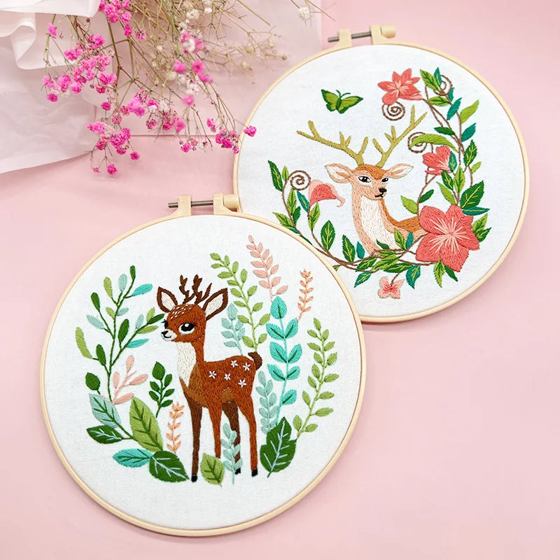 Deer Cat Pattern Embroidery Starter Kit for Beginners Stamped Cross Stitch Kits with Cute Animals and Plants Patterns