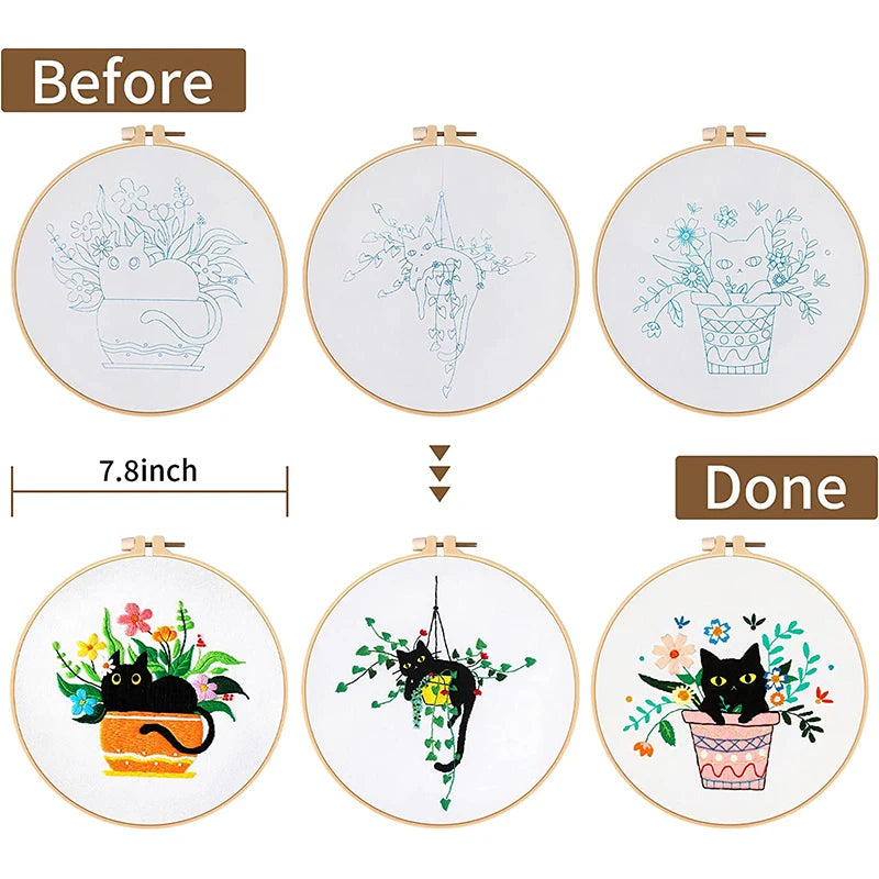 DIY Embroidery Kit Cat Plant Printed Pattern for Beginner Cross Stitch Set Needlework Hoop Handmade Sewing Art Craft Kit