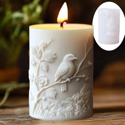 3D Branch bird relief cylindrical candle silicone mold flower bird relief cylindrical resin gypsum mould Rabbit squirrel molds