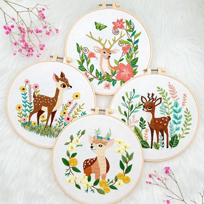 Deer Cat Pattern Embroidery Starter Kit for Beginners Stamped Cross Stitch Kits with Cute Animals and Plants Patterns