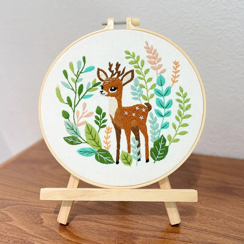 Deer Cat Pattern Embroidery Starter Kit for Beginners Stamped Cross Stitch Kits with Cute Animals and Plants Patterns