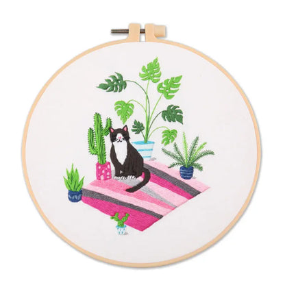 DIY Embroidery Kit Cat Plant Printed Pattern for Beginner Cross Stitch Set Needlework Hoop Handmade Sewing Art Craft Kit