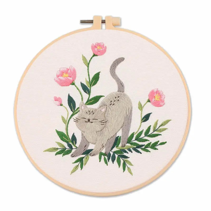 DIY Embroidery Kit Cat Plant Printed Pattern for Beginner Cross Stitch Set Needlework Hoop Handmade Sewing Art Craft Kit