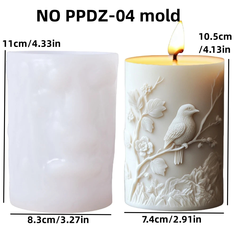 3D Branch bird relief cylindrical candle silicone mold flower bird relief cylindrical resin gypsum mould Rabbit squirrel molds