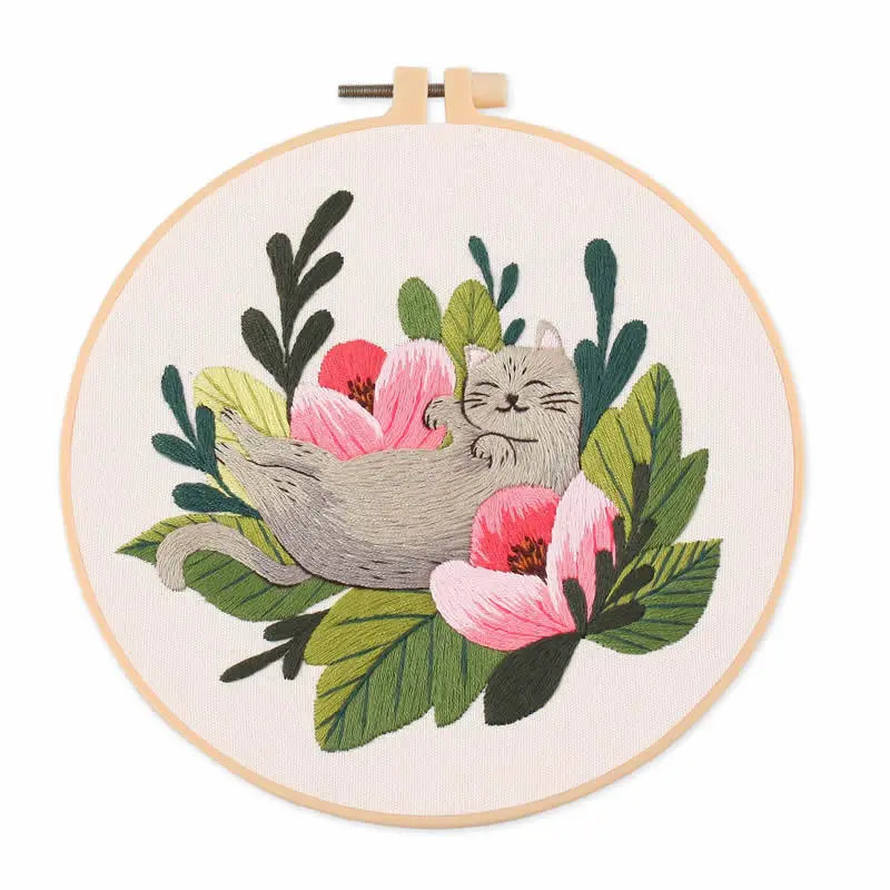 DIY Embroidery Kit Cat Plant Printed Pattern for Beginner Cross Stitch Set Needlework Hoop Handmade Sewing Art Craft Kit