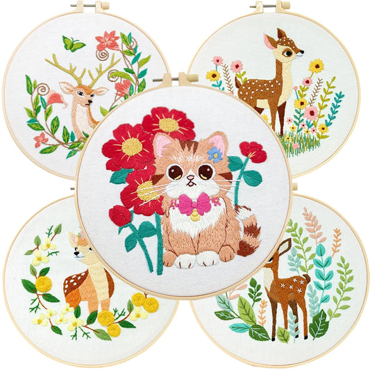 Deer Cat Pattern Embroidery Starter Kit for Beginners Stamped Cross Stitch Kits with Cute Animals and Plants Patterns