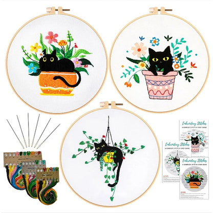 DIY Embroidery Kit Cat Plant Printed Pattern for Beginner Cross Stitch Set Needlework Hoop Handmade Sewing Art Craft Kit