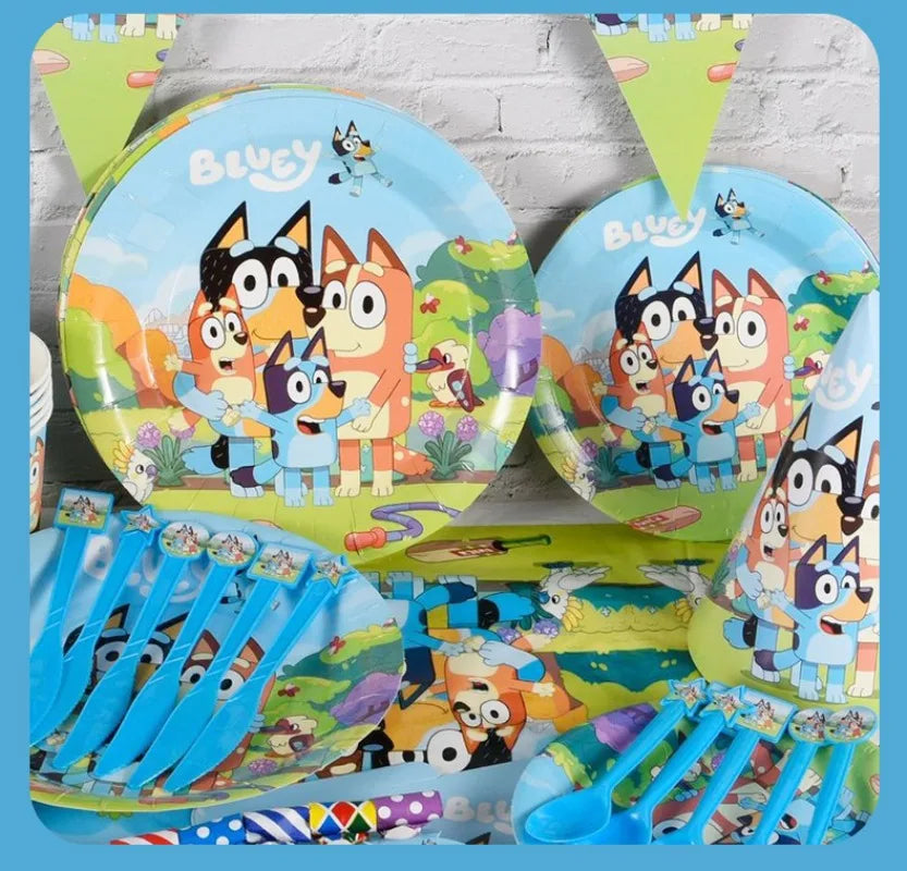 Cartoon Bluey Theme Birthday Party Banquet Supplies Paper Plate Tablecloth Flag Knife Fork Spoon Banner Set Kids Birthday Party