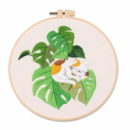 DIY Embroidery Kit Cat Plant Printed Pattern for Beginner Cross Stitch Set Needlework Hoop Handmade Sewing Art Craft Kit