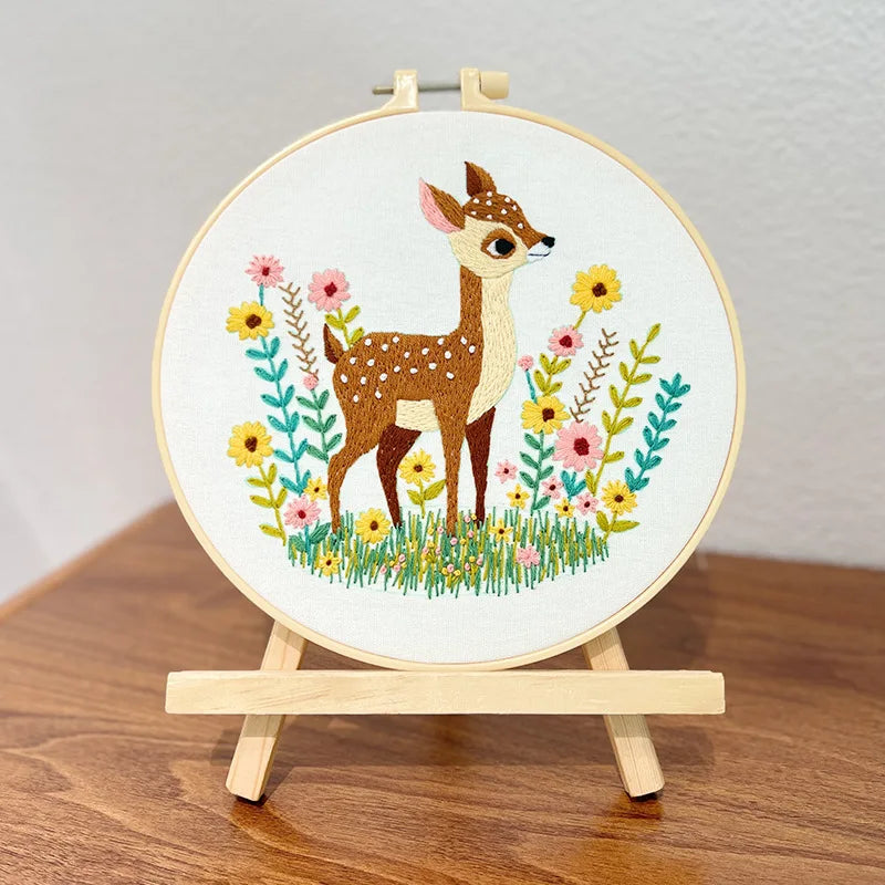 Deer Cat Pattern Embroidery Starter Kit for Beginners Stamped Cross Stitch Kits with Cute Animals and Plants Patterns