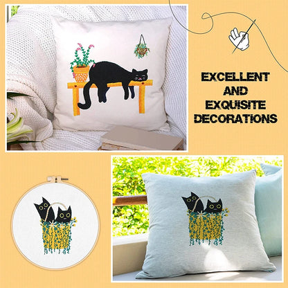 DIY Embroidery Kit Cat Plant Printed Pattern for Beginner Cross Stitch Set Needlework Hoop Handmade Sewing Art Craft Kit