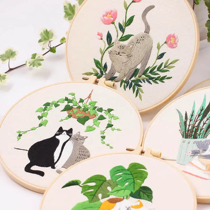 DIY Embroidery Kit Cat Plant Printed Pattern for Beginner Cross Stitch Set Needlework Hoop Handmade Sewing Art Craft Kit