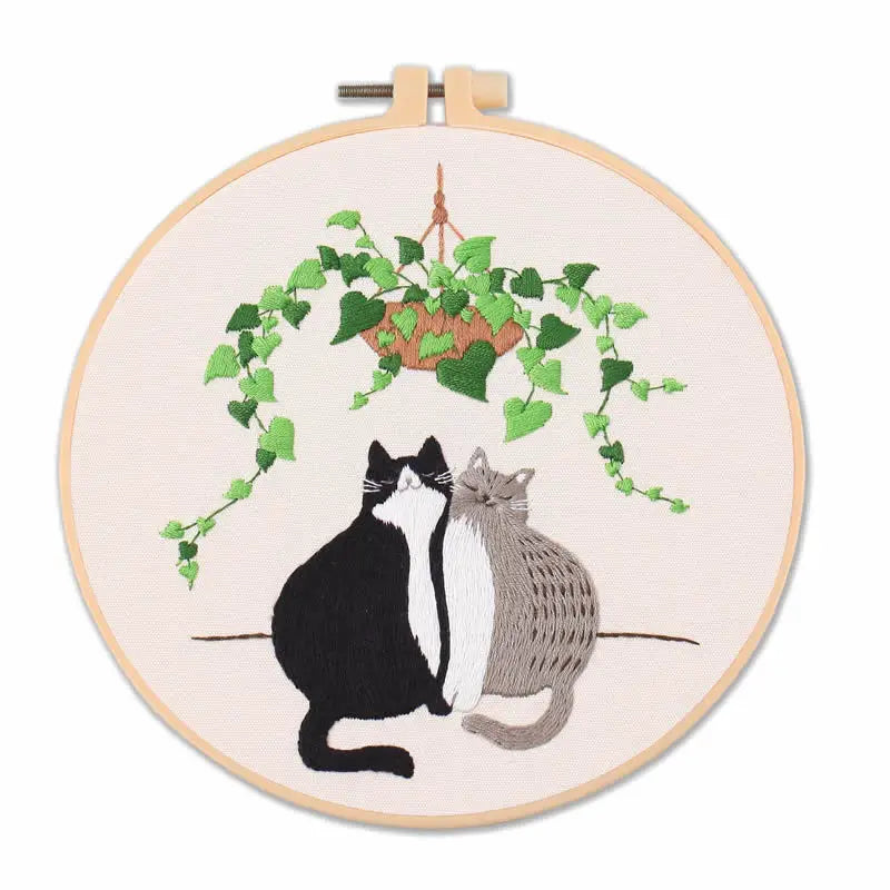 DIY Embroidery Kit Cat Plant Printed Pattern for Beginner Cross Stitch Set Needlework Hoop Handmade Sewing Art Craft Kit