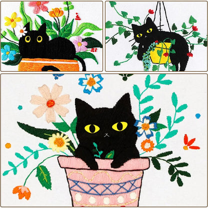 DIY Embroidery Kit Cat Plant Printed Pattern for Beginner Cross Stitch Set Needlework Hoop Handmade Sewing Art Craft Kit