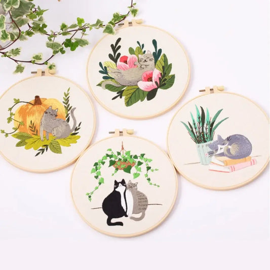 Sewing Supplies DIY Cat Embroidery Kit Colorful Handmade Cross Stitch Set Floral Patterns Hand-stitched Embroidery Set Adults