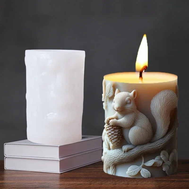 3D Branch bird relief cylindrical candle silicone mold flower bird relief cylindrical resin gypsum mould Rabbit squirrel molds