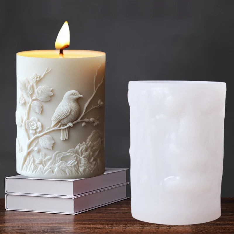 3D Branch bird relief cylindrical candle silicone mold flower bird relief cylindrical resin gypsum mould Rabbit squirrel molds