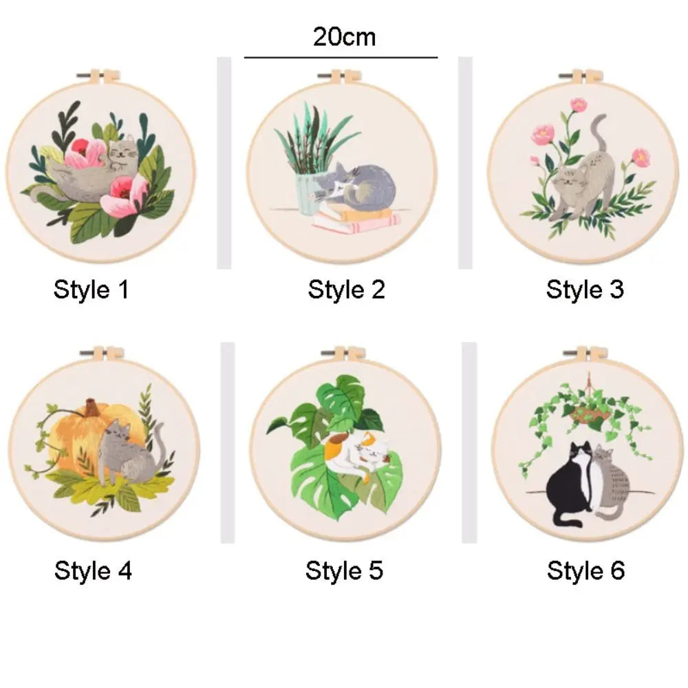 Sewing Supplies DIY Cat Embroidery Kit Colorful Handmade Cross Stitch Set Floral Patterns Hand-stitched Embroidery Set Adults