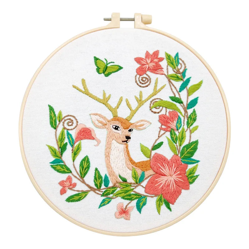 Deer Cat Pattern Embroidery Starter Kit for Beginners Stamped Cross Stitch Kits with Cute Animals and Plants Patterns