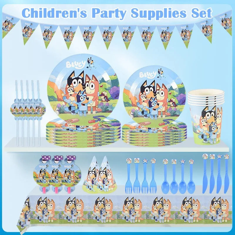 Cartoon Bluey Theme Birthday Party Banquet Supplies Paper Plate Tablecloth Flag Knife Fork Spoon Banner Set Kids Birthday Party