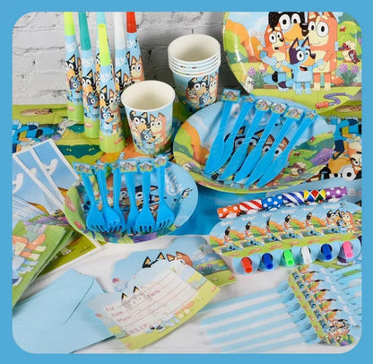 Cartoon Bluey Theme Birthday Party Banquet Supplies Paper Plate Tablecloth Flag Knife Fork Spoon Banner Set Kids Birthday Party