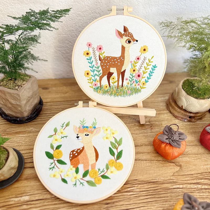 Deer Cat Pattern Embroidery Starter Kit for Beginners Stamped Cross Stitch Kits with Cute Animals and Plants Patterns