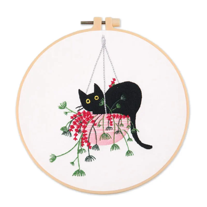 DIY Embroidery Kit Cat Plant Printed Pattern for Beginner Cross Stitch Set Needlework Hoop Handmade Sewing Art Craft Kit