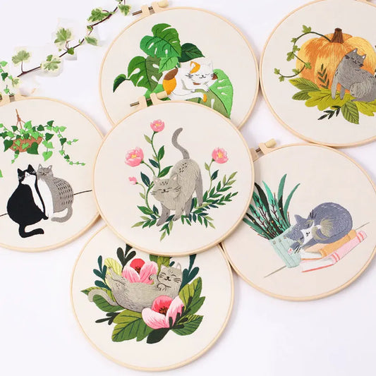 DIY Embroidery Kit Cat Plant Printed Pattern for Beginner Cross Stitch Set Needlework Hoop Handmade Sewing Art Craft Kit