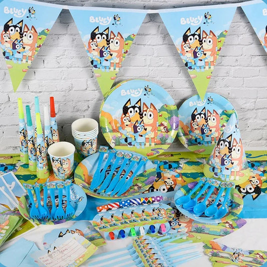 Cartoon Bluey Theme Birthday Party Banquet Supplies Paper Plate Tablecloth Flag Knife Fork Spoon Banner Set Kids Birthday Party