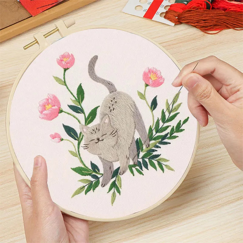 DIY Embroidery Kit Cat Plant Printed Pattern for Beginner Cross Stitch Set Needlework Hoop Handmade Sewing Art Craft Kit