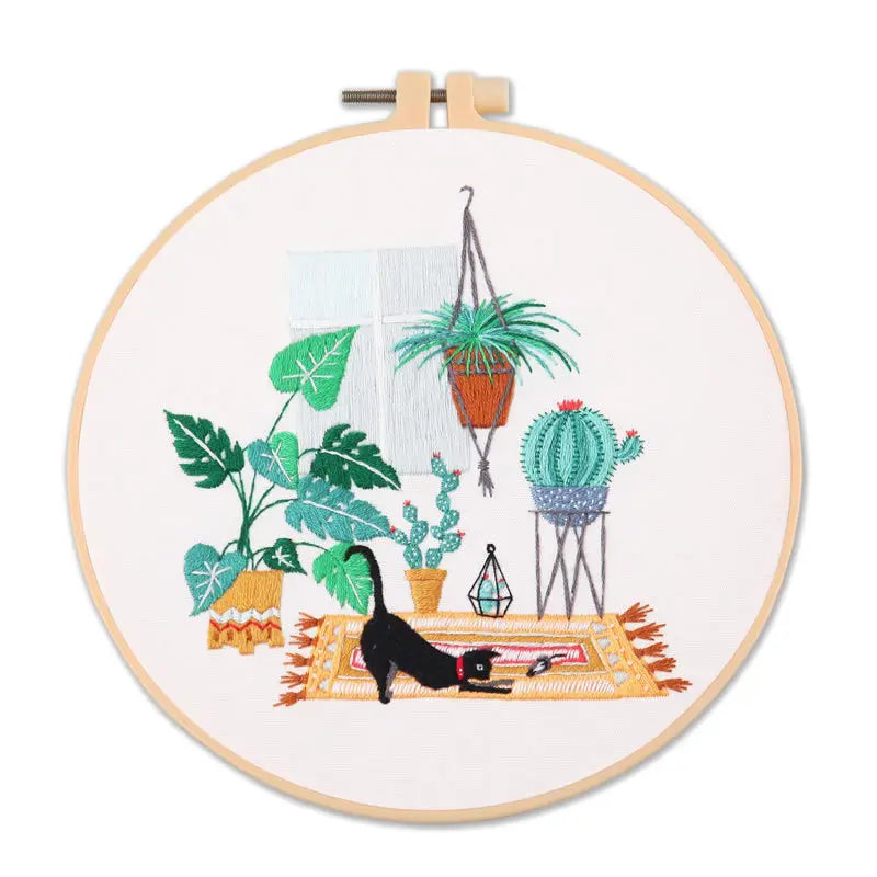 DIY Embroidery Kit Cat Plant Printed Pattern for Beginner Cross Stitch Set Needlework Hoop Handmade Sewing Art Craft Kit