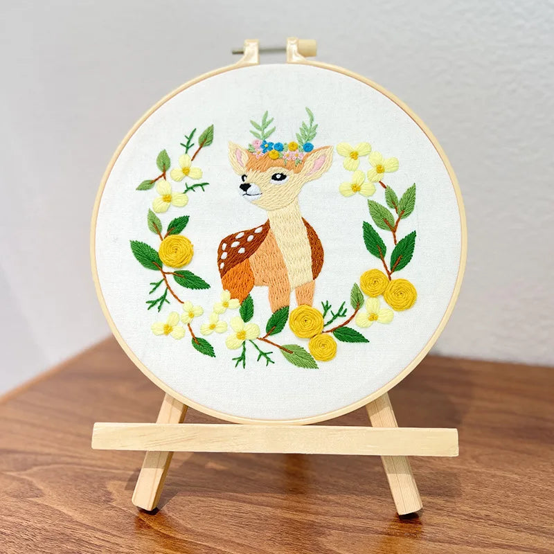 Deer Cat Pattern Embroidery Starter Kit for Beginners Stamped Cross Stitch Kits with Cute Animals and Plants Patterns